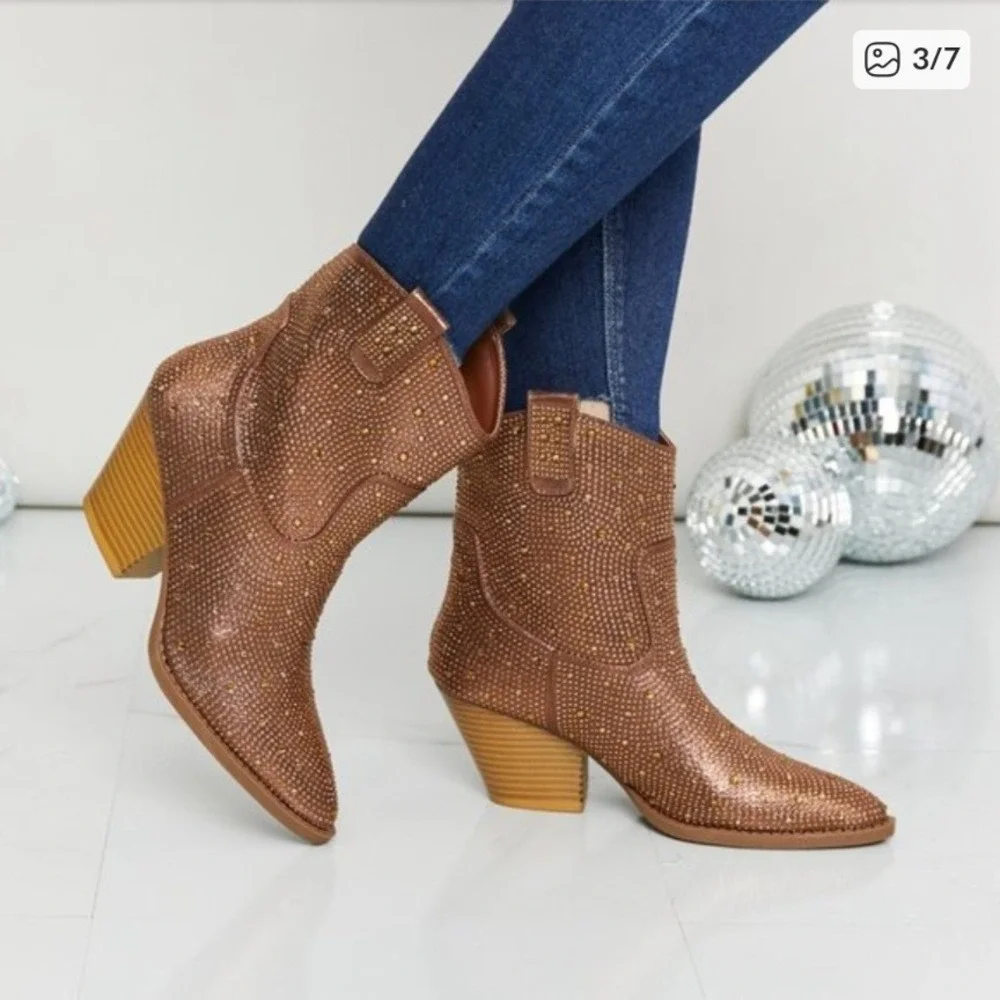 Forever Sparkly Rhinestone Western Boots Brown Block Heel Pointed Toe Size‎ 10